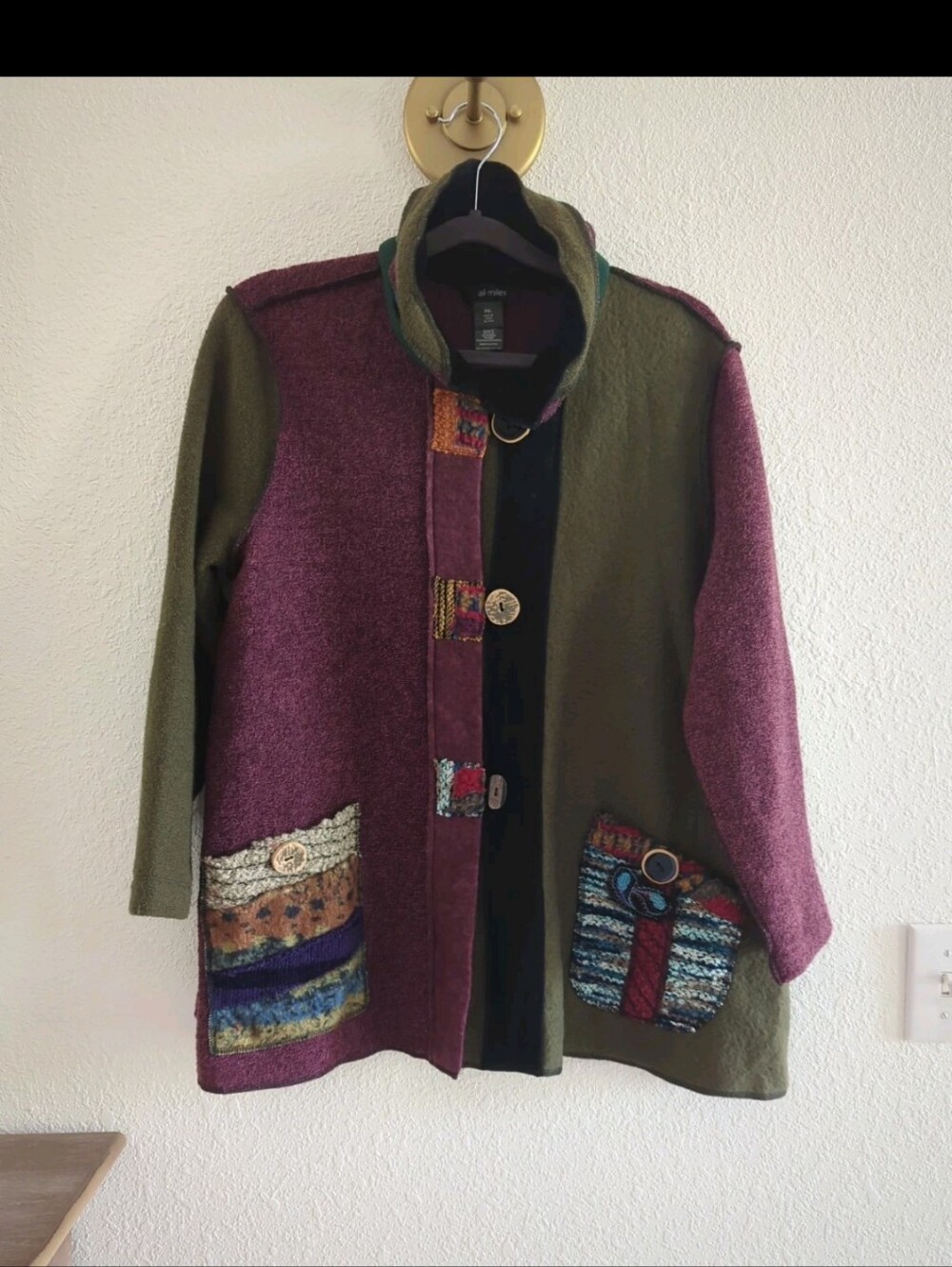 Ali Miles Colorblock Boho Cardigan Multicolor Textured Pockets Artsy Sweate PXL